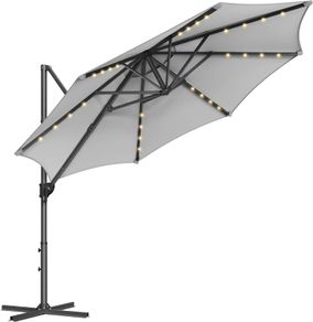 Parasol, Cantilever Parasol, 300 cm, 28 Solar LED Lights, UPF 50 Garden Umbrella, 360 Rotatable, Tilt Angle Infinitely Adjustable, with Crank, Cross Base,