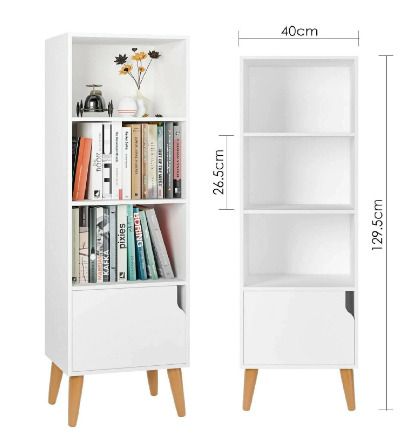 BRAND NEW Bookshelf Storage Unit 4 Cubes Wooden Free Standing Cabinet Display Shelves Organize with Door Legs White for Home and Office