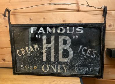 Ultra-Rare Vintage Original HB Ice Cream Reverse Painted Glass Shop Sign (c. 1930s/50s)