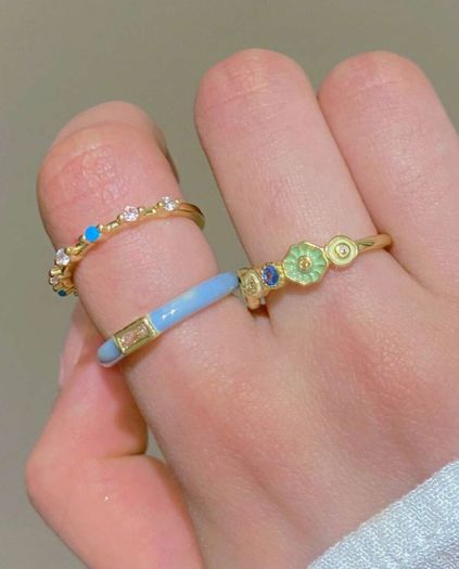 3pcs Colorful Enamel Flower & Rhinestone Ring Set