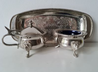 vintage cobalt blue glass plated metal cruet sugar creamer salt bowl tray
