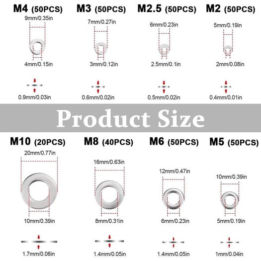 360pcs 9 Sizes 304 Stainless Steel Flat Washers Assortment Kit (M2 M2.5 M3 M4 M5 M6 M8 M10 M12) Suitable for Home Decorat