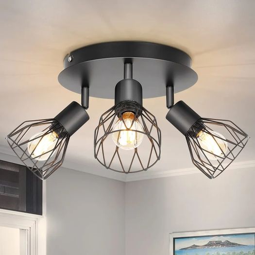 3 Way Ceiling Spotlight Rotatable - Spot Light Ceiling Black Ceiling Lights Industrial E14 - Spot Light Fittings Wire Cage Wall Spotlight Bar for Kitchen Living Room Bedroom No Bulb