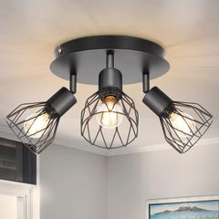 3 Way Ceiling Spotlight Rotatable - Spot Light Ceiling Black Ceiling Lights Industrial E14 - Spot Light Fittings Wire Cage Wall Spotlight Bar for Kitchen Living Room Bedroom No Bulb