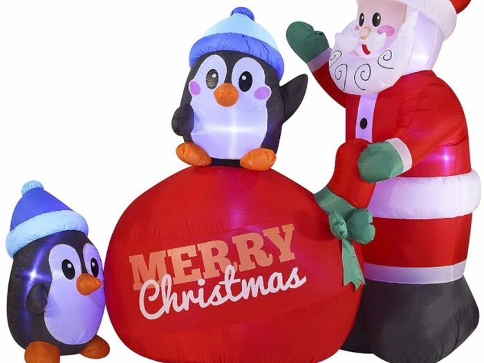 7 FT Long Santa with Penguins Inflatable with Build-in LEDs Blow Up Inflatables for Xmas Party Indoor, Outdoor, Yard, Garden, Lawn Winter Decor