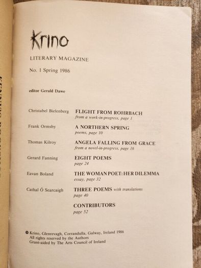 Krino. Literary Magazine No1 Spring 1986. First Edition Paperback In Very Good Condition M