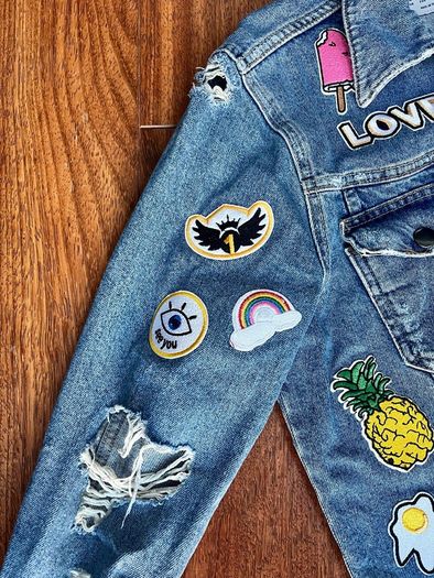 Distressed Denim jacket with patches Size UK8