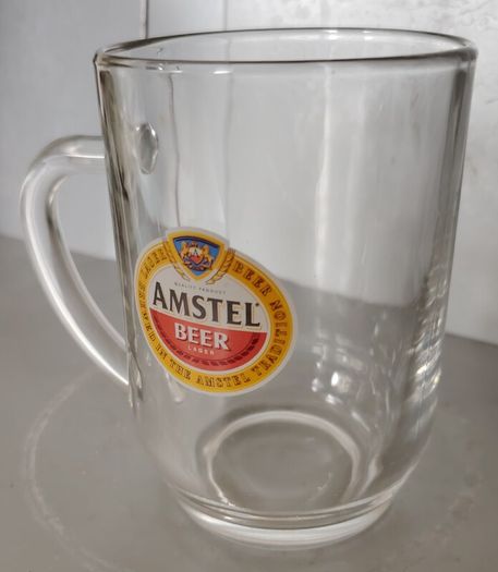 Vintage Amstel Bier Pint Tankard Glass 20oz - ARC France 1980s Flat Top D-Handle (23cm)