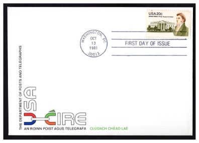 1981 USA Joint Issue with Ireland 150th anniversary of James Hoban (Architect of White House, USA) USA Stamp on Addressed An Post First Day Cover