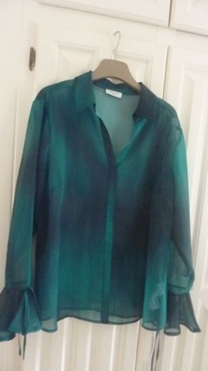 Green sheer blouse with tie-cuff detail