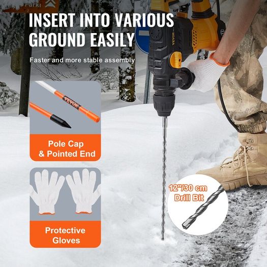 Driveway Markers, 100PCS 48 inch, 0.31 inch Diameter, Orange Fiberglass Poles Snow Stakes with Reflective Tape, 12" Steel Drill Bit & Protection Gloves for Parking Lots, Walkways Easy Visibility