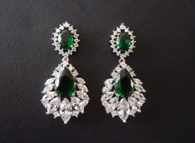 Art Deco Style Emerald Stone Drop Silver Earrings