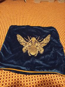 Bee Pillow case velvet royal blue with gold piping