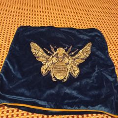 Bee Pillow case velvet royal blue with gold piping