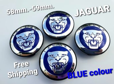 4 x BLUE 58mm - 59mm JAGUAR C2D47107 wheel center caps F XF XJ XKR S type X type XJ8 XK8