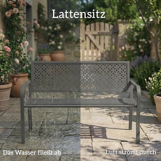 2-Seater Metal Garden Bench Weatherproof Outdoor Bench with Rust-Resistant Backrest, Geometric, up to 240 kg
