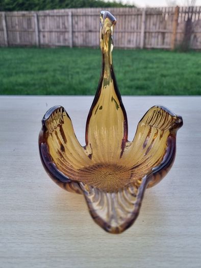 Vintage Amber Hand Blown Glass Swan Center Piece Dish