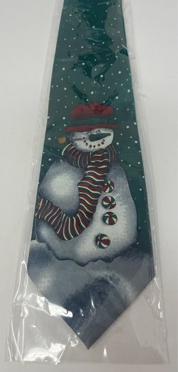 Dark Green Christmas Tie With Snowman with snow falling design. New in packaging.
