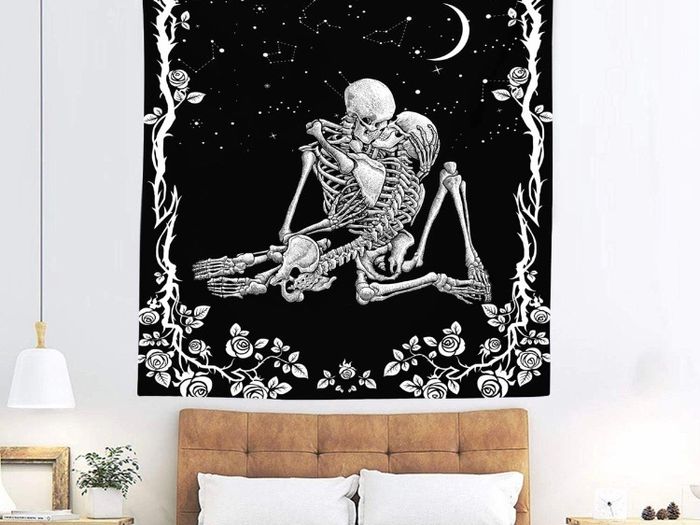 Skull Tapestry, The Kissing Lovers Black and White Tapestries, Moon and Starry Stars Floral Tapestry (MULTIPLE SIZES)