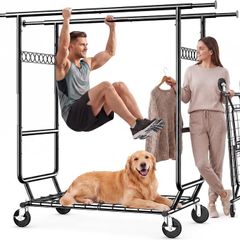 Heavy-Duty Double Clothes Rack on Wheels, 283kg Capacity, 4 Castors (2 Lockable), Durable Metal Garment Rail, Easy Assembly