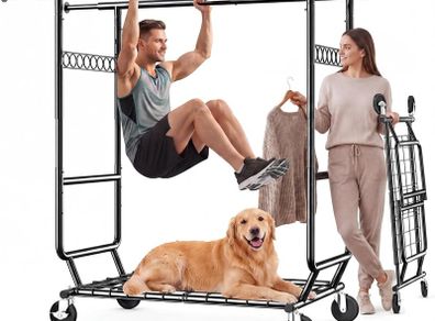 Heavy-Duty Double Clothes Rack on Wheels, 283kg Capacity, 4 Castors (2 Lockable), Durable Metal Garment Rail, Easy Assembly