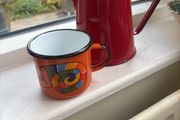 Ideal Camping/ camper van items - Free Enamel Smaltum colourful mug with this Vintage - Mid Century Red Enamel Coffee Pot with attached lid - 17 cm to lid level