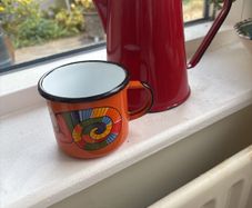 Free Enamel Smaltum colourful mug with this Vintage - Mid Century Red Enamel Coffee Pot with attached lid - 17 cm to lid level