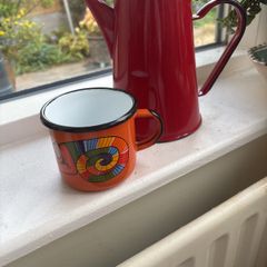 Free Enamel Smaltum colourful mug with this Vintage - Mid Century Red Enamel Coffee Pot with attached lid - 17 cm to lid level