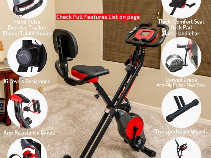 Foldable Fitness Exercise Bike with Resistance Bands, 16 Magnetic Resistance Levels with Pulse Sensor, Phone/Tablet Holder with Smooth and Quiet Cycling (FREE POSTAGE)