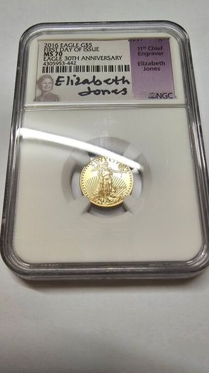 2016 5 Dollar Gold Eagle MS70 NGC 30th Anniversary First Day of Issue Signed By Elizabeth Jones Premium Slab
