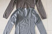 Two light v-neck jumpers from Camaieu grey &amp; brown marl slim fit size. S/M