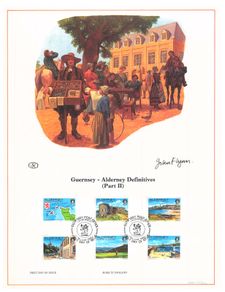 1983 Alderney Limited Edition Lithographed Print measuring 333mm X 257mm showing Alderney Definitive (Part II) stamps with First Day of Issue Cancel