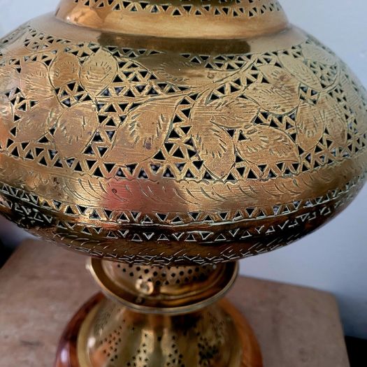 Early 20th century 4ft eastern pierced brass lamp