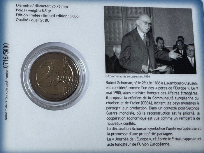 Luxembourg 2 Euro Commemorative Coin 2025 - The Schuman Declaration. BU. Coincard