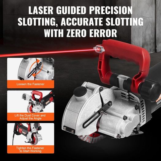Wall Chaser 34 mm Cutting Depth Wall Cutting Machine 2500W Wall Groove Cutting Machine 38 mm Cutting Width Wall Slotting Machine With 5 Saw Blades 115 mm Diameter 6300r/Min with Infrared Ray