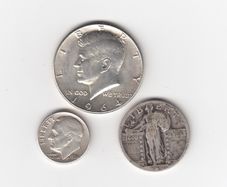 USA, Kennedy Half Dollar 1964, Quarter Dollar,&  Dime 1956, 90% silver coins,(no. G12)