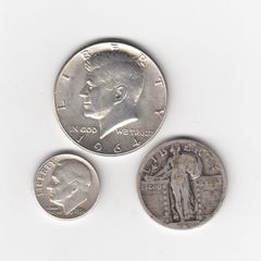 USA, Kennedy Half Dollar 1964, Quarter Dollar,&  Dime 1956, 90% silver coins,(no. G12)