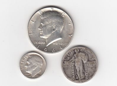 USA, Kennedy Half Dollar 1964, Quarter Dollar,&  Dime 1956, 90% silver coins,(no. G12)