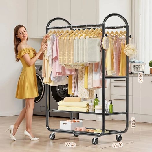 Heavy Duty Rolling Clothes Rail for Hanging Clothes, Double Hanging Rail with Lockable Castors, 326 KG Load Capacity, Metal Clothing Rail for Bedroom, Laundry, Retail, Black
