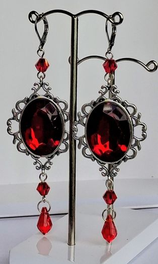Gothic Ornate Filigree Deep Red Garnet Tassel Earrings