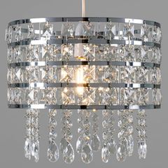 Chrome Ceiling Light Shade Cylinder Shape with Clear Acrylic Crystals 26cm x 30cm, Lampshades for Ceiling Lights & Floor Lamps, Lamp Shades for Bedroom, Living Room, Kitchen, Hallway (FREE POSTAGE)