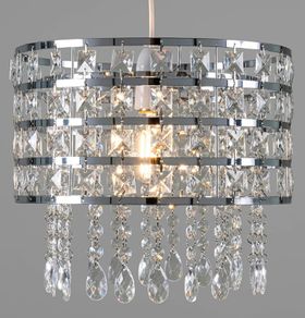 Chrome Ceiling Light Shade Cylinder Shape with Clear Acrylic Crystals 26cm x 30cm, Lampshades for Ceiling Lights & Floor Lamps, Lamp Shades for Bedroom, Living Room, Kitchen, Hallway (FREE POSTAGE)
