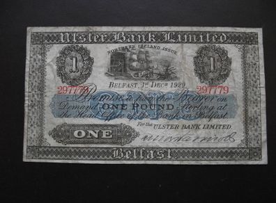 1929 Ulster Bank 1 Pound, hand-signed 'Harrison'