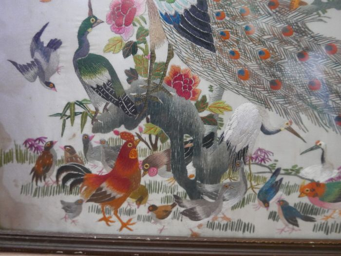 Antique Early 20c Chinese Silk Embroidery Birds Panel Framed - 23"x14"
