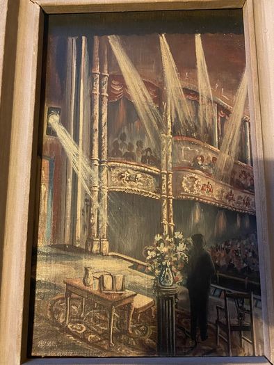 painting This is a striking dramatic artwork depicting a stage performance or lecture scene inside a classic, ornate theatre or opera house.