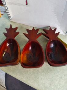 Vintage Mid-Century Modern 3 Piece Set Monkey Pod Wood Pineapple Dish Bowls