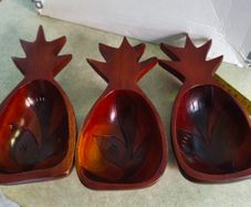 Vintage Mid-Century Modern 3 Piece Set Monkey Pod Wood Pineapple Dish Bowls