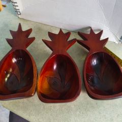 Vintage Mid-Century Modern 3 Piece Set Monkey Pod Wood Pineapple Dish Bowls