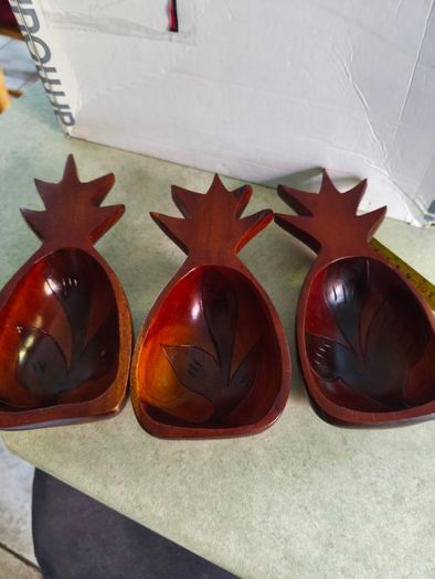 Vintage Mid-Century Modern 3 Piece Set Monkey Pod Wood Pineapple Dish Bowls