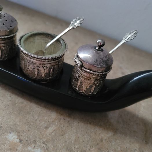 20th Century malaysian silver condiment set in carved/polished horn base tray of a bird